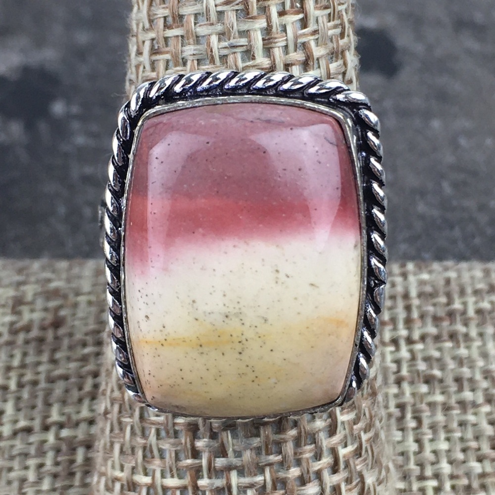 New Mookaite Imperial Jasper Stone Silver Ring w Decorative Band Size 8